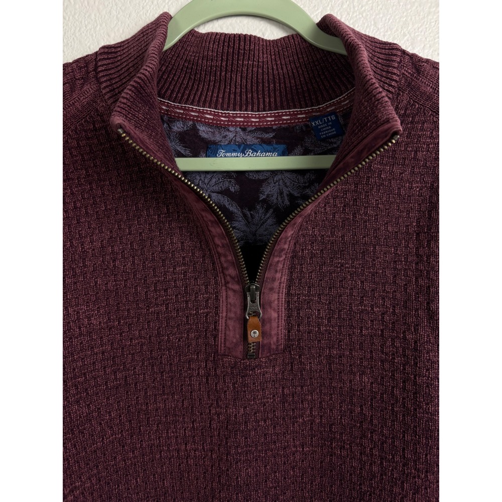 Tommy Bahama Mens XXL Burgundy Waffle Knit Quarter Zip Sweater Elbow Patches - Picture 10 of 10